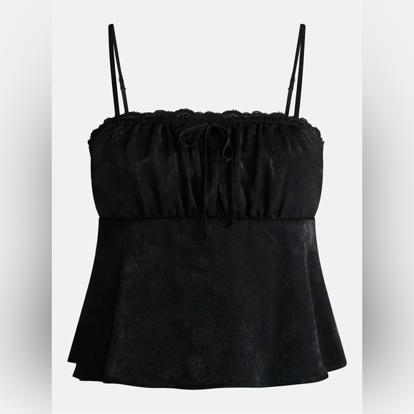 No Boundaries Tops - No Boundaries Black Satin Cami with Lace Trim and Tie